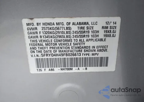 2015 Acura Mdx Technology Package from USA, damaged, VIN 5FRYD4H49FB026613